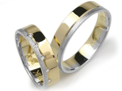 Przejdź do produktu Obrączki ślubne dwa kolory złota płaskie z cyrkoniami 5mm Lux L043