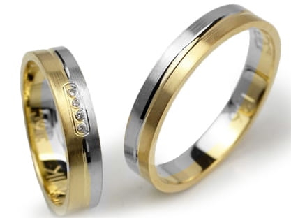 Przejdź do produktu Obrączki ślubne dwa kolory złota płaskie z cyrkoniami 4mm Lux L136