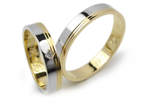 Obrączki ślubne z żółtego i rodowanego złota 333 płaskie z cyrkonią 4mm Lovely L044-333