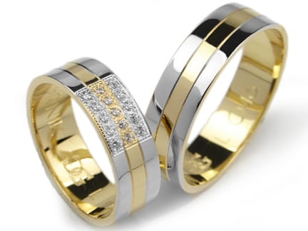 Obrączki ślubne z żółtego i rodowanego złota 333 płaskie z cyrkoniami 6mm Lovely L046-333