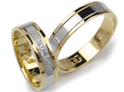 Obrączki ślubne z żółtego i rodowanego złota 333 płaskie z cyrkoniami 5mm Lovely L051-333