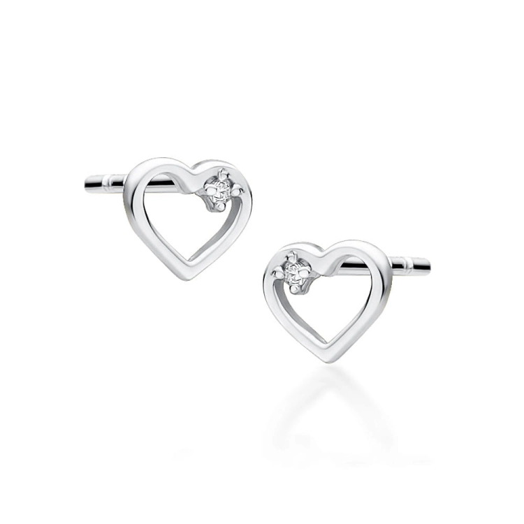 Kolczyki z białego złota 585 z diamentami 0,01ct serce The Diamonds
