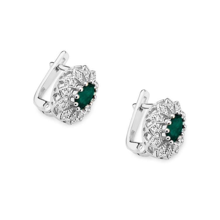 Kolczyki z białego złota 585 z szamaragdem i diamentami 0,20ct The Diamonds