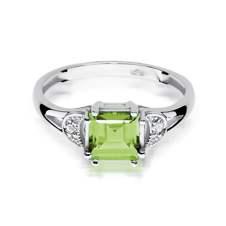 Pierścionek zaręczynowy z białego złota z oliwinem i diamentami 0,06ct Fire Of Love