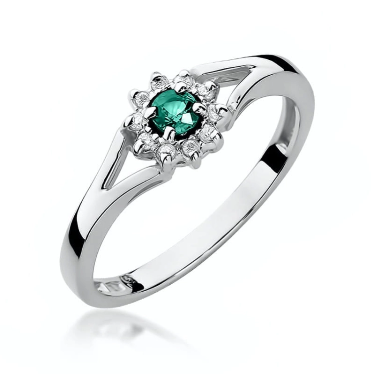 Pierścionek zaręczynowy z białego złota z szmaragdem i diamentami 0,09ct Fire Of Love