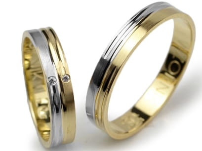 Obrączki ślubne z żółtego i rodowanego złota 333płaskie z cyrkonią 4mm Lovely L133-333