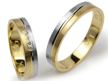 Obrączki ślubne z żółtego złota 333 i rodowanego płaskie z cyrkoniami 4mm Lovely  L136-333