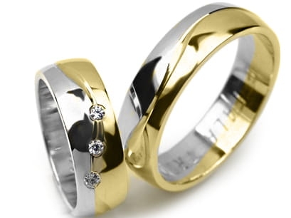 Obrączki ślubne dwukolorowe półokrągłe z cyrkoniami 6mm Premium P-FALA-TRIO-k