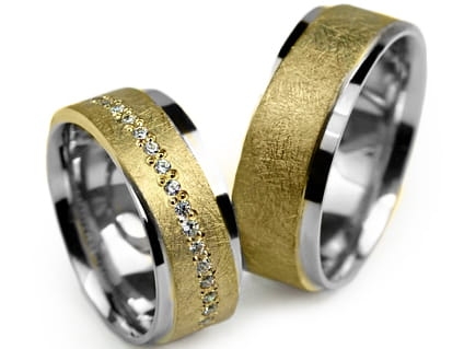 Obrączki ślubne dwukolorowe płaskie z cyrkoniami 7mm Premium P-FINEZJA-k