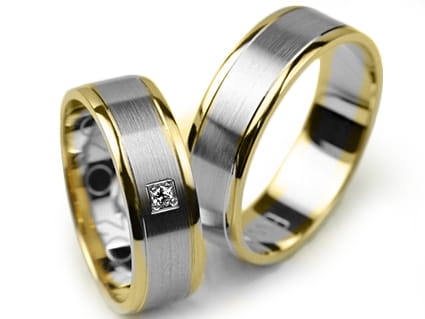 Obrączki ślubne dwukolorowe płaskie z cyrkonią 6mm Premium P-KINGA-PULS-k