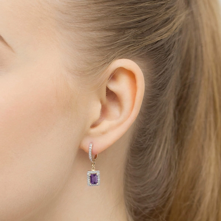 Kolczyki z żółtego złota 585 z ametystem i diamentami 0,34ct The Diamonds
