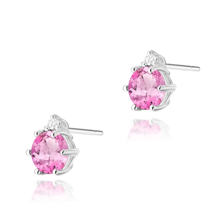 Kolczyki z białego złota 585 z różowym topazem i diamentami 0,03ct The Diamonds