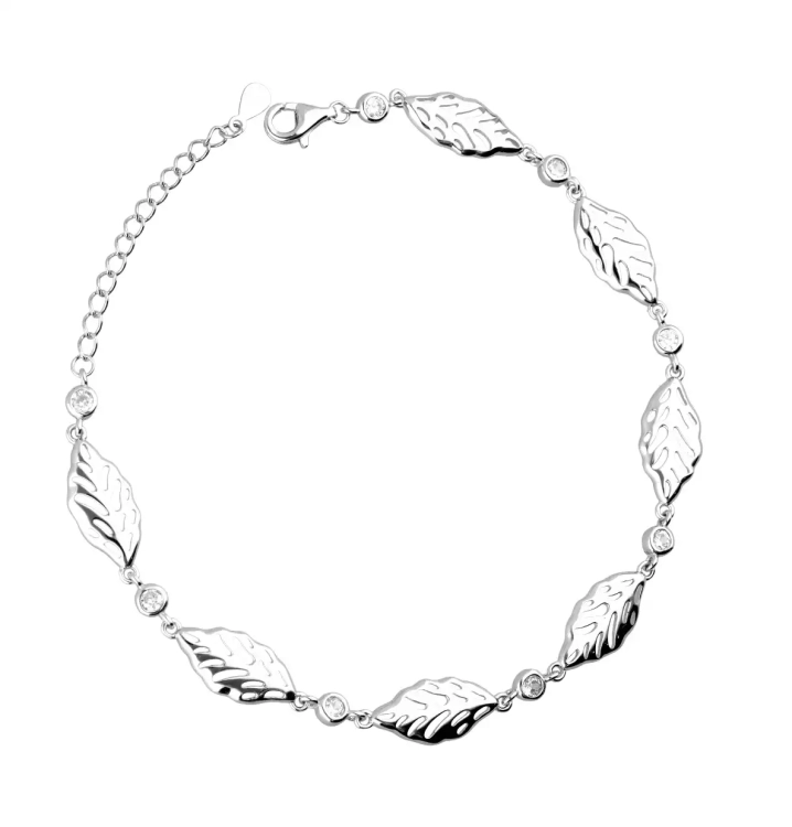 Srebrna bransoletka z listki i cyrkonie