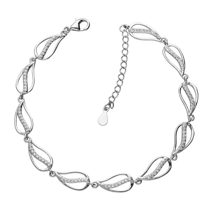 Elegancka srebrna bransoletka liście z cyrkoniami w środku