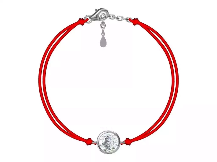 Bransoletka srebrna na czerwonym sznurku, duża cyrkonia