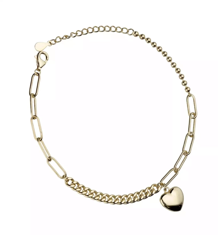 Pozłacana srebrna bransoletka, serce