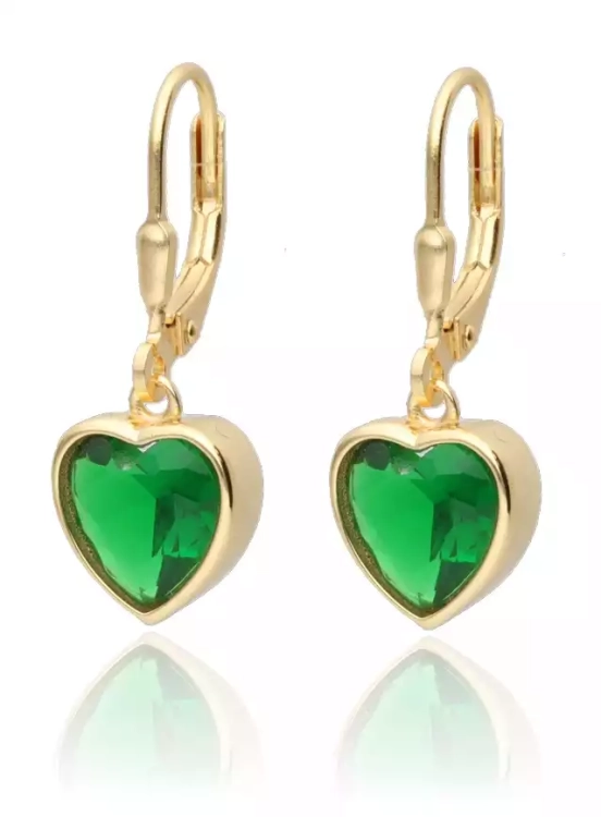 Srebrne pozłacane kolczyki serce, szmaragdowa cyrkonia