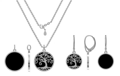 Przejdź do produktu Komplet srebrnej biżuterii kolczyki + naszyjnik, onyks, drzewko szczęścia
