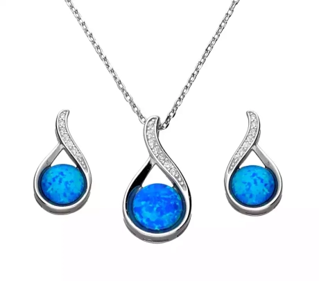 Przejdź do produktu Komplet srebrnej biżuterii kolczyki + naszyjnik, opal, cyrkonie 