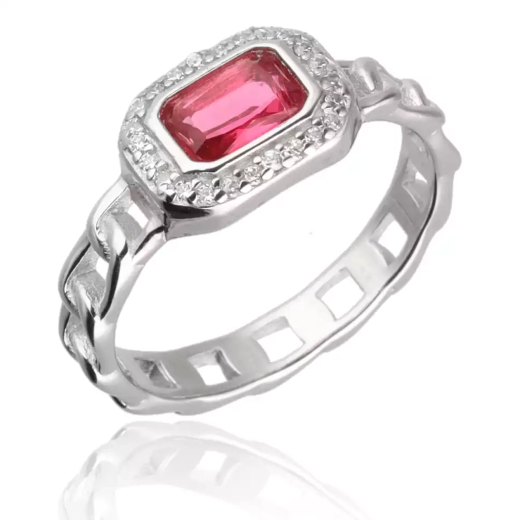 Srebrny pierścionek - sygnet z rubinową cyrkonią