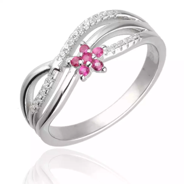 Srebrny pierścionek z różowym kwiatkiem z cyrkonii