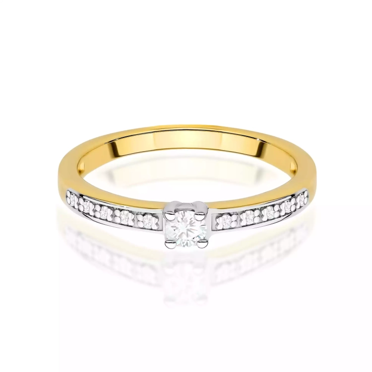Pierścionek z żółtego złota, diament laboratoryjny centralny 0,08ct