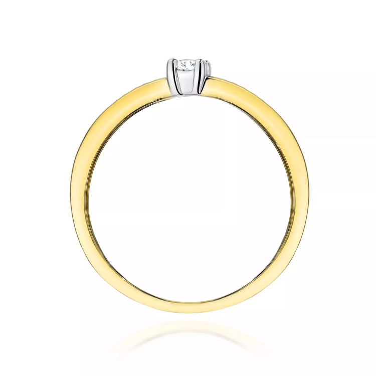 Pierścionek z żółtego złota, diament laboratoryjny centralny 0,08ct