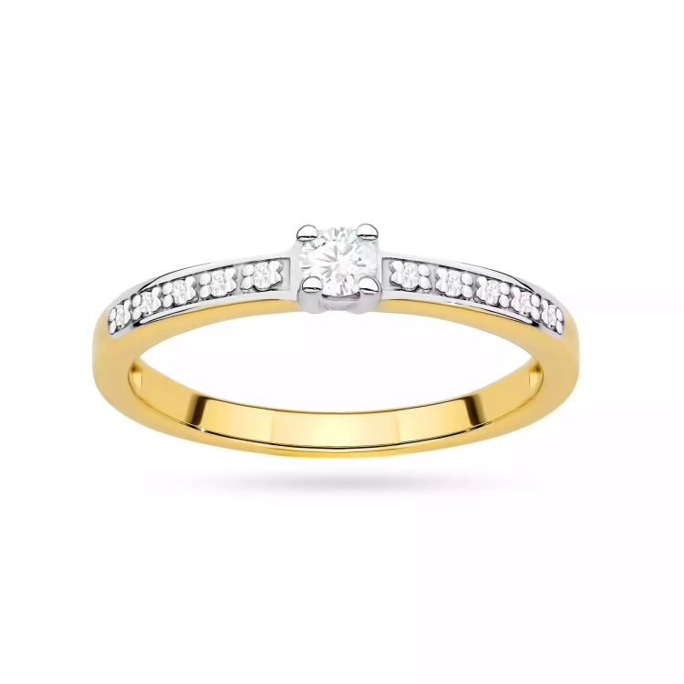 Pierścionek z żółtego złota, diament laboratoryjny centralny 0,08ct