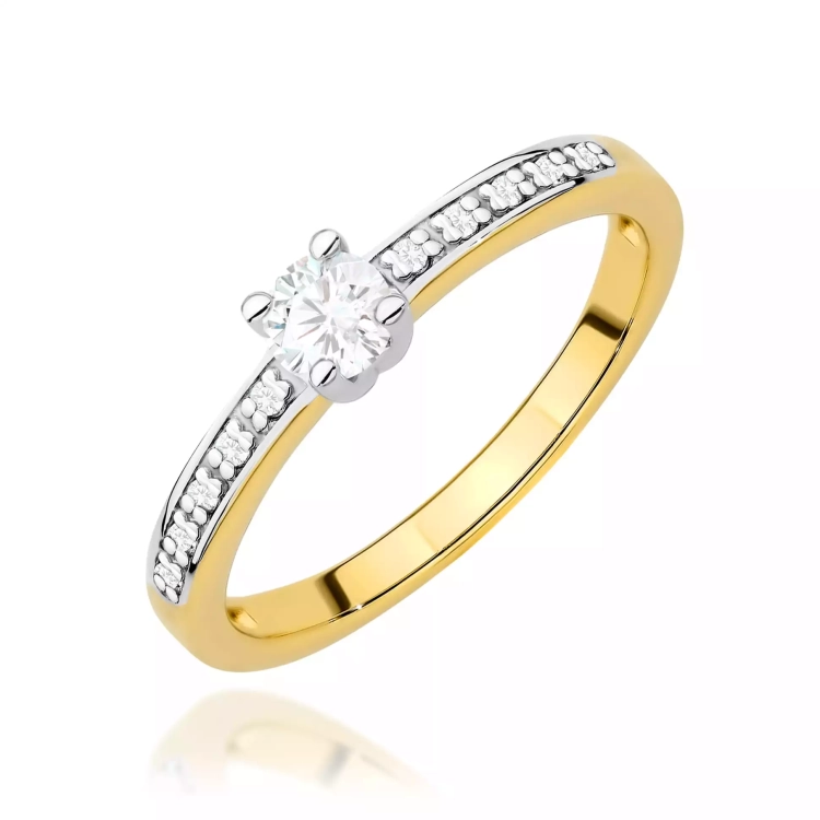 Pierścionek z żółtego złota, diament laboratoryjny centralny 0,20ct