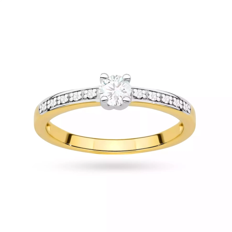 Pierścionek z żółtego złota, diament laboratoryjny centralny 0,20ct