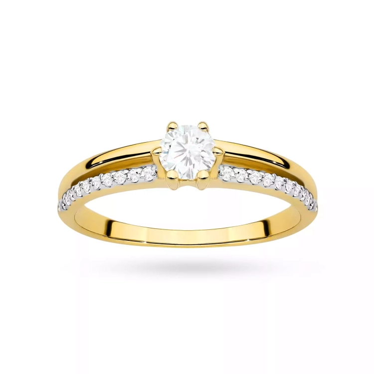 Pierścionek z żółtego złota, diament laboratoryjny centralny 0,30ct