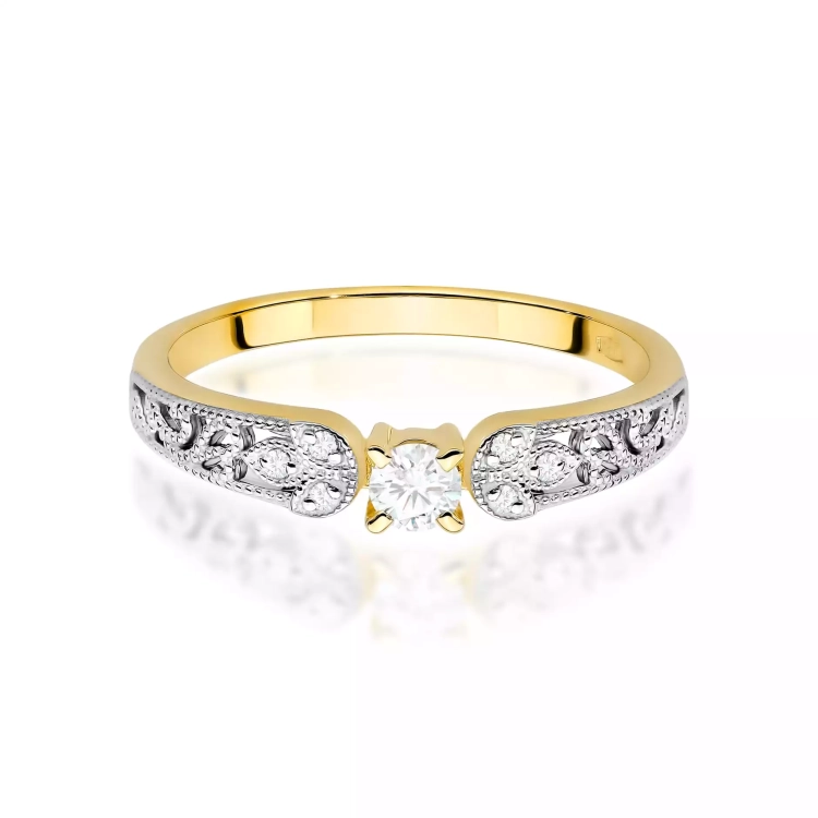 Pierścionek z żółtego złota, diament laboratoryjny 0,10ct
