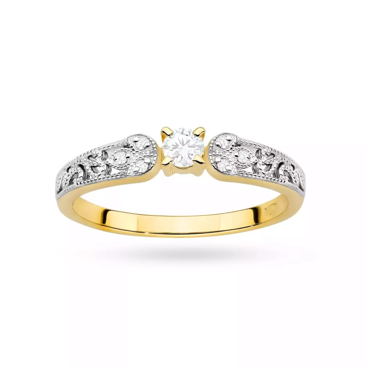 Pierścionek z żółtego złota, diament laboratoryjny 0,10ct