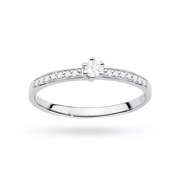 Pierścionek z białego złota, diament laboratoryjny centralny 0,10ct