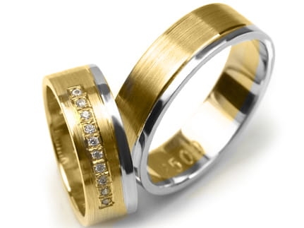 Przejdź do produktu Dwukolorowe złote obrączki ślubne płaskie z cyrkoniami 6mm Premium