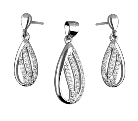 Przejdź do produktu Komplet srebrnej biżuterii kolczyki + zawieszka, krople z cyrkoniami 