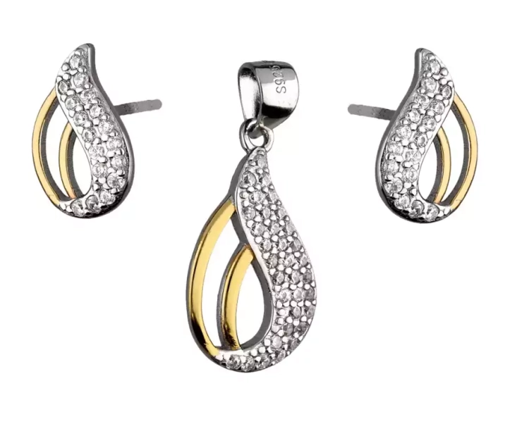 Komplet srebrnej biżuterii kolczyki + zawieszka, pozłacany element, plus cyrkonie