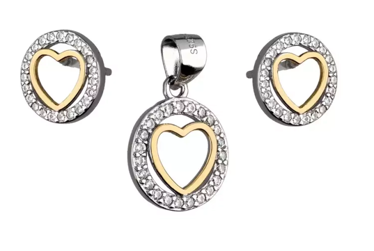 Komplet srebrnej biżuterii kolczyki + zawieszka, pozłacany, serce