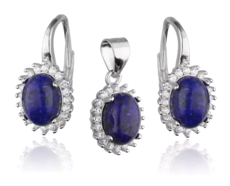 Przejdź do produktu Elegancki komplet srebrnej biżuterii kolczyki + zawieszka, granatowy kamień