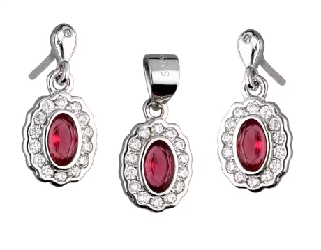 Przejdź do produktu Komplet srebrnej biżuterii kolczyki + zawieszka, rubinowa cyrkonia