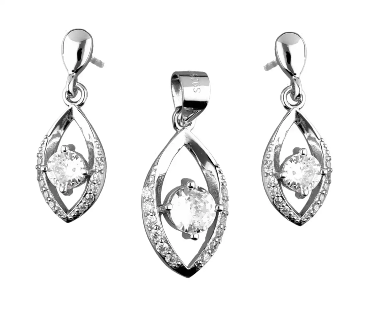 Komplet srebrnej biżuterii kolczyki + zawieszka, duża centralna cyrkonia