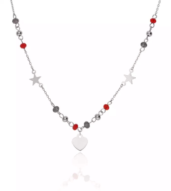 Srebrny naszyjnik z kolorowymi kamieniami, serce i gwiazdki