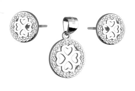 Przejdź do produktu Srebrny komplet kolczyki + zawieszka, koniczyna w kółku z cyrkonii