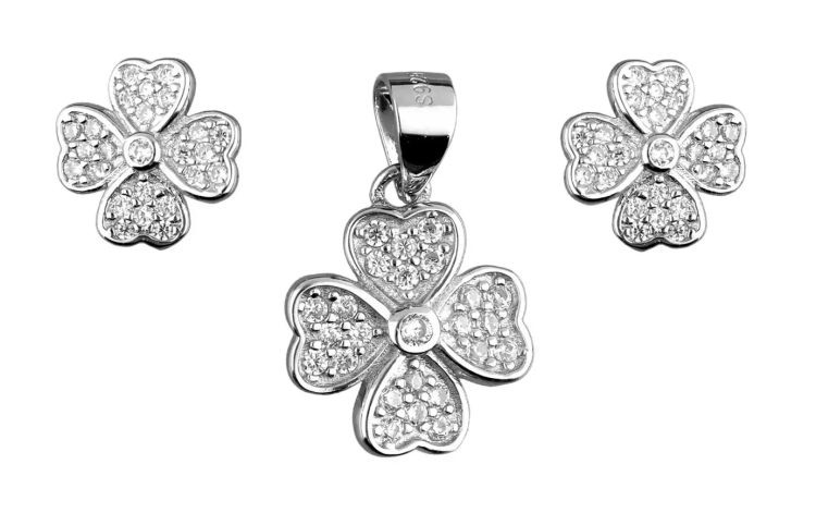 Srebrny komplet kolczyki + zawieszka, koniczyna cyrkonie