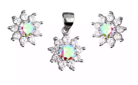 Przejdź do produktu Komplet srebrnej biżuterii kolczyki + zawieszka, kwiatek, cyrkonia