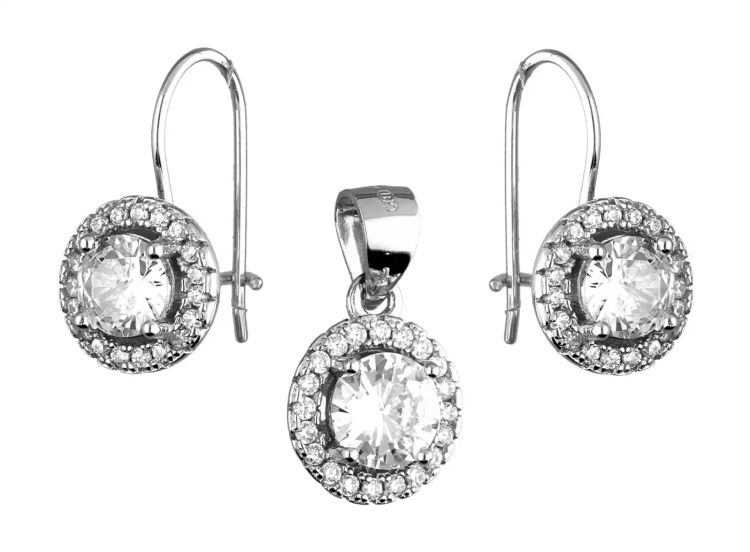 Komplet srebrnej biżuterii kolczyki + zawieszka, białe cyrkonie