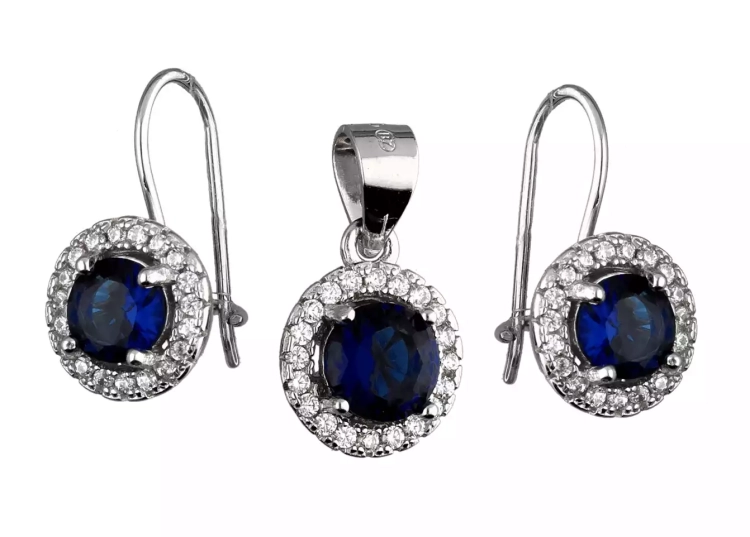 Komplet srebrnej biżuterii kolczyki + zawieszka, szafirowa cyrkonia