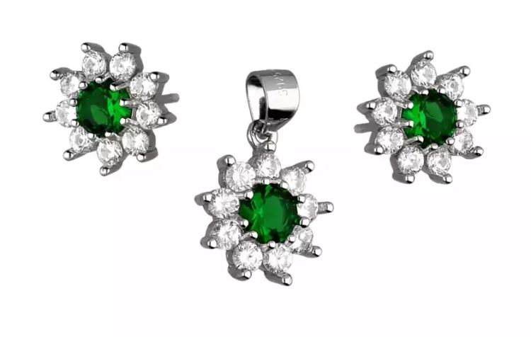 Komplet srebrnej biżuterii kolczyki + zawieszka, kwiatek, szmaragdowa cyrkonia
