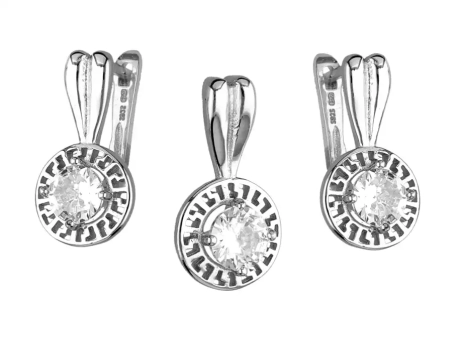 Przejdź do produktu Komplet srebrnej biżuterii kolczyki + zawieszka, wzór grecki, cyrkonia