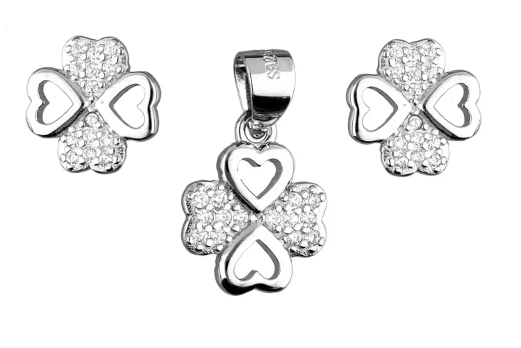 Srebrny komplet kolczyki + zawieszka, koniczyna cyrkonie